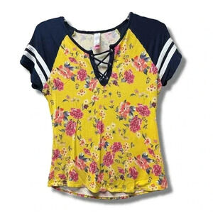 No Boundaries Yellow Floral Lace-Up Tee with Navy Sleeves
